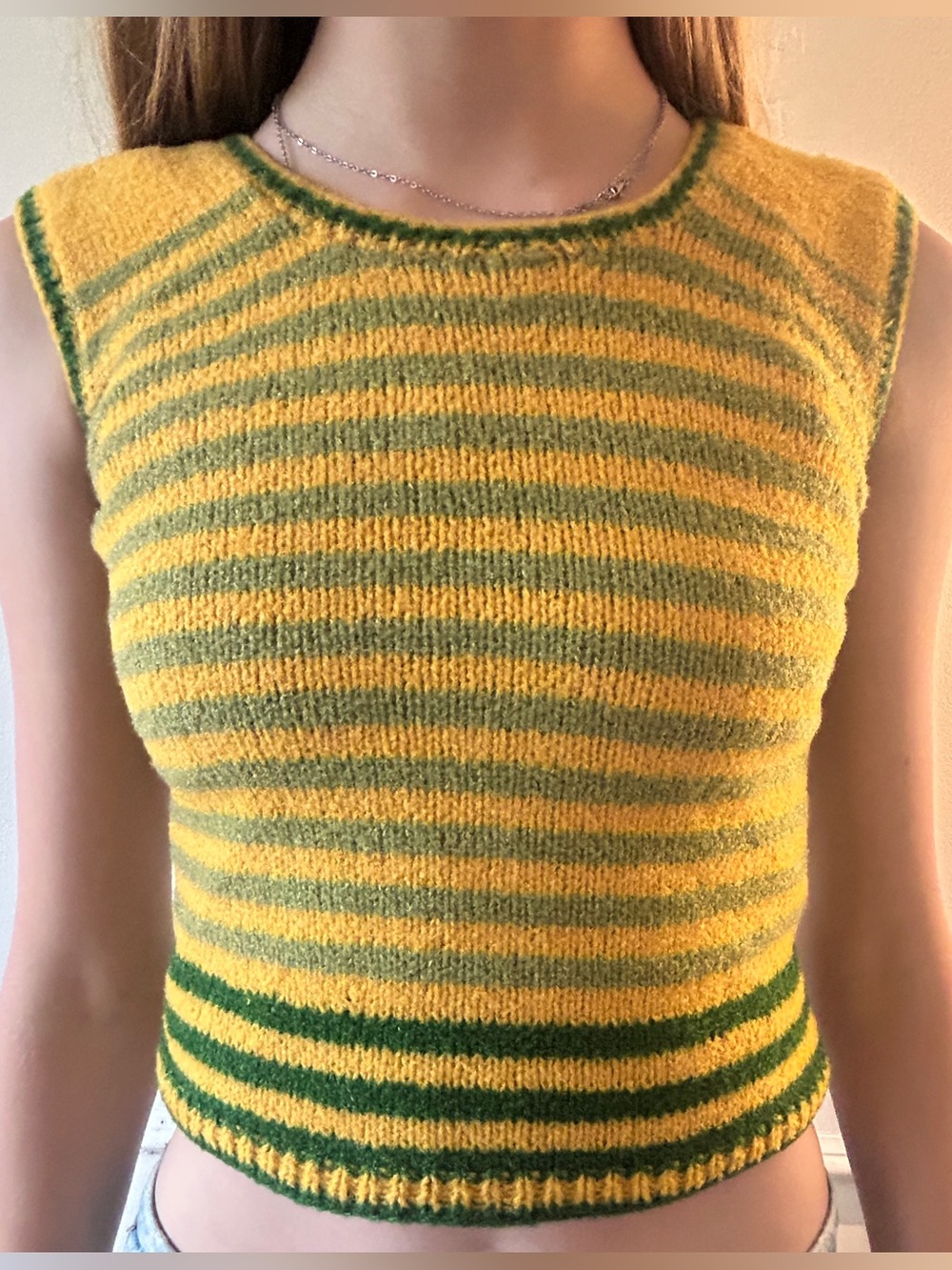 Vintage Hand Knit Yellow & Green Striped Vest • Women’s XS